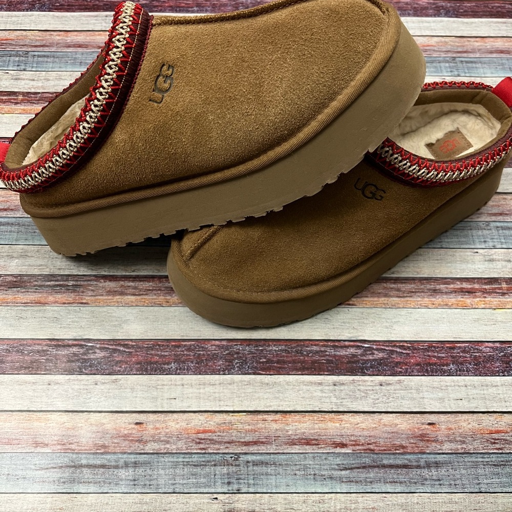 UGG Brown Suede Platform Slippers with Red Trim